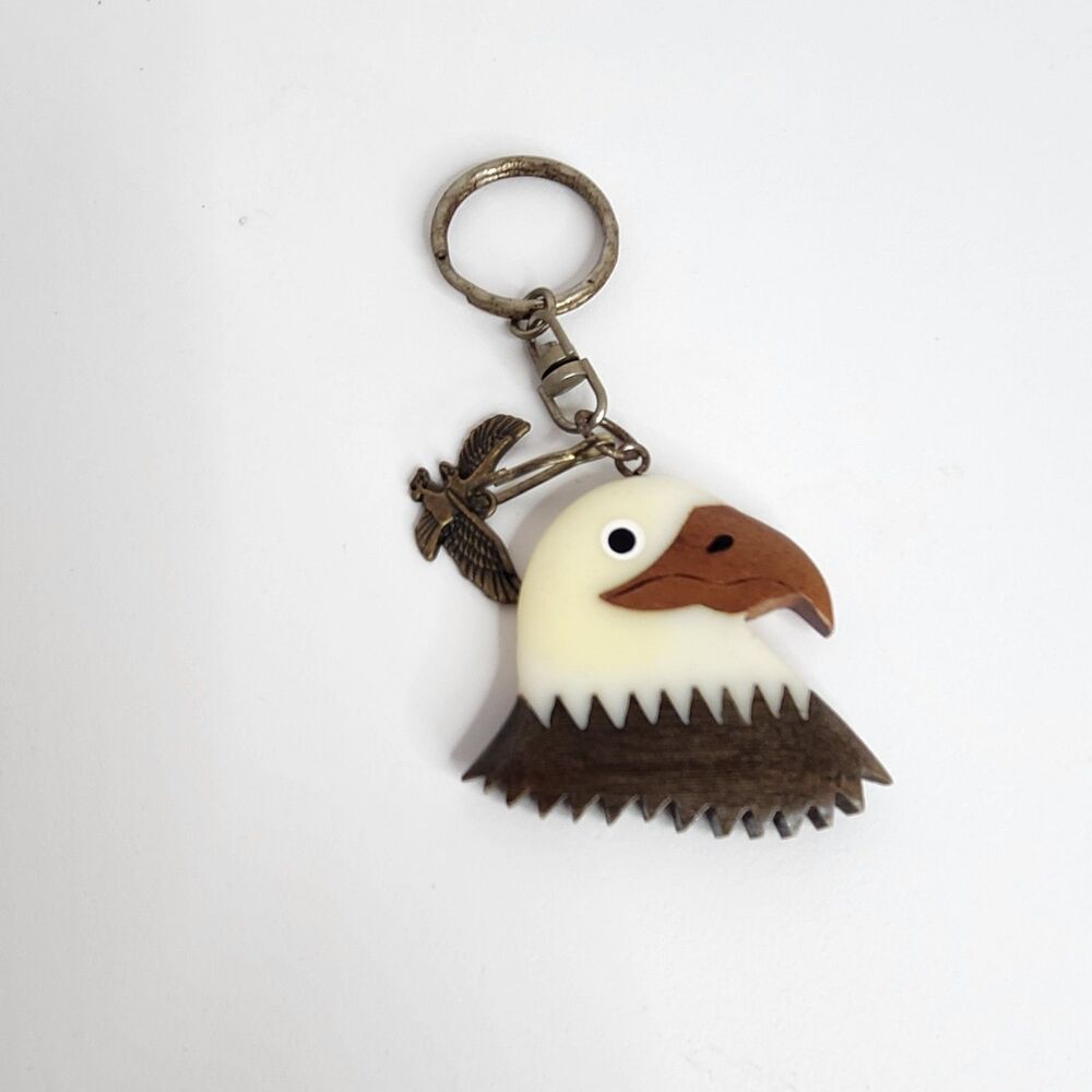 Vintage Bald American Eagle Handmade Wood Keychain With Tiny Brass Eagle